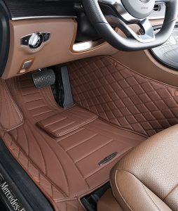 Luxury brown leather car floor mat and interior, Mercedes-Benz vehicle, custom automotive accessories, diamond quilted design, premium vehicle floor protection, stylish car decor for Mercedes.